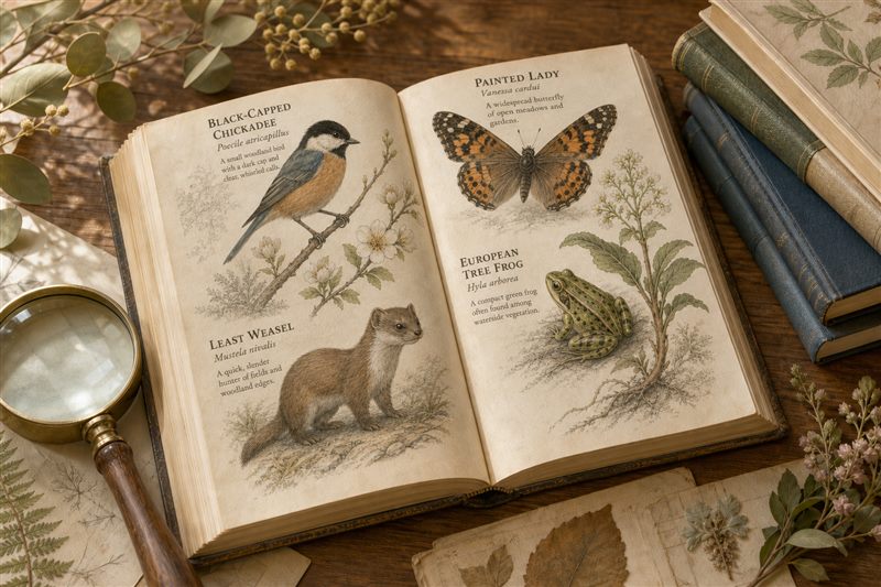 開かれた図鑑に描かれた鳥、哺乳類、蝶、カエル、植物と虫眼鏡